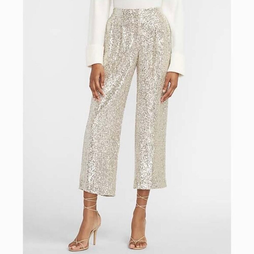 Express Metallic Sequin Wide Leg Pants - Champagne/Silver